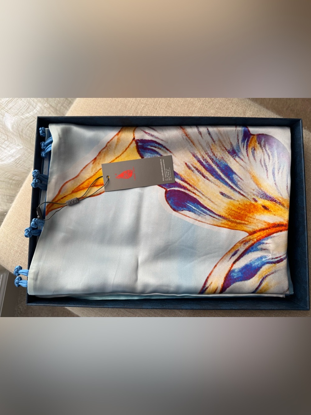 Chinese Silk Scarf with Orchid Print by Saint Joy - NWT, box, and gift bag - Picture 5 of 15